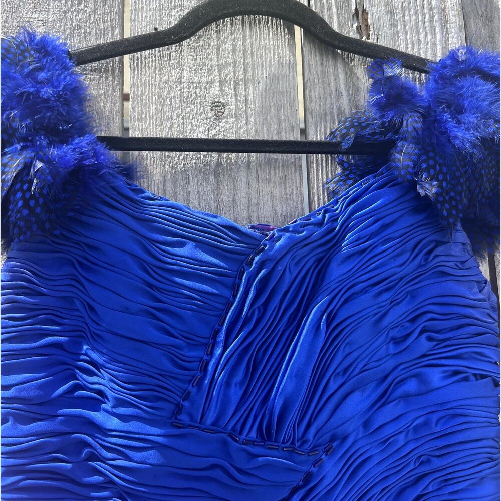 Vtg 80s Custom Made Cobalt Blue Feather Cocktail Dress Ruched Mini Showgirl S/M - Picture 3 of 10
